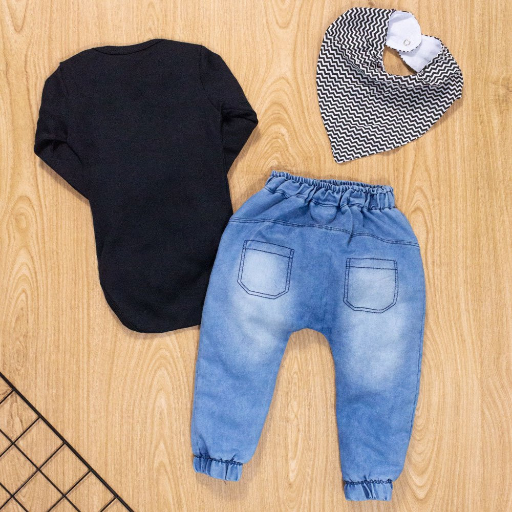 CONJUNTO PARA BEBÊ BODY LONGO E CALÇA JEANS COM BANDANA PRETO