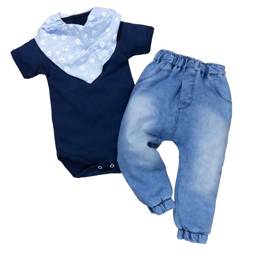 CONJUNTO PARA BEBÊ BODY CURTO E CALÇA JEANS COM BANDANA MARINHO