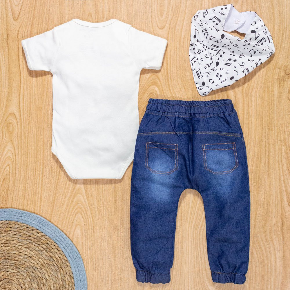 CONJUNTO PARA BEBÊ BODY CURTO E CALÇA JEANS COM BANDANA CREME