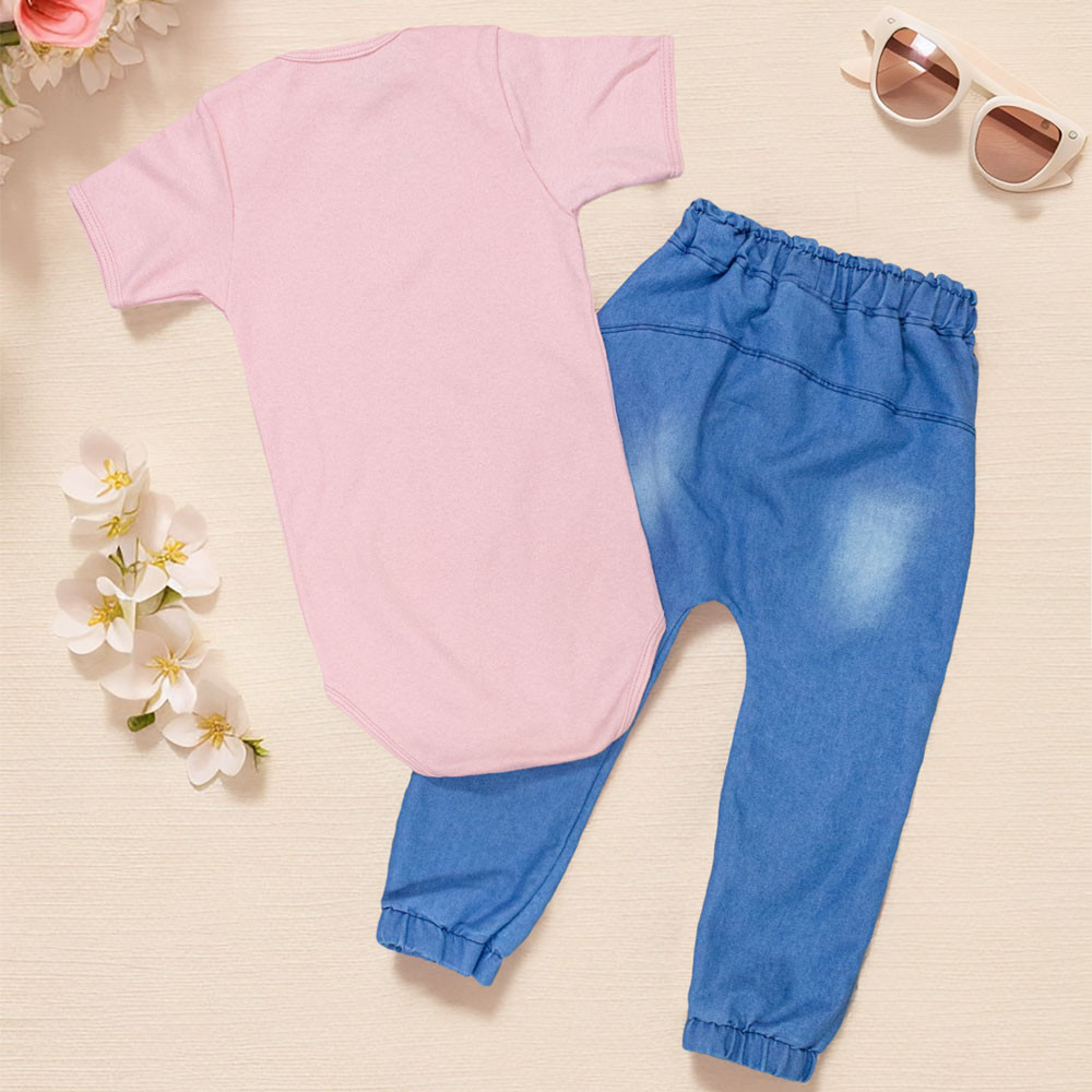 Conjunto Infantil Body Curto e Calça Jeans Rosa Encanto