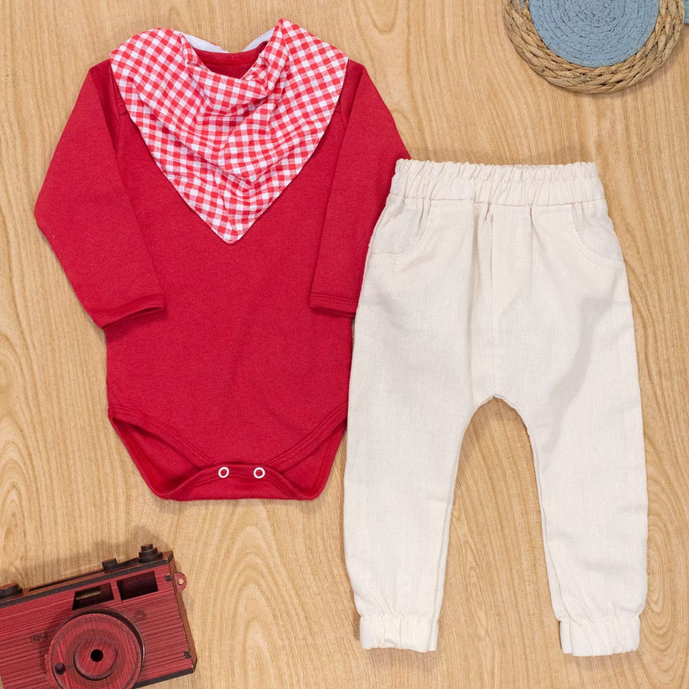 Conjunto Bebê Elegante Body, Calça, Bandana Xadrez Vermelho