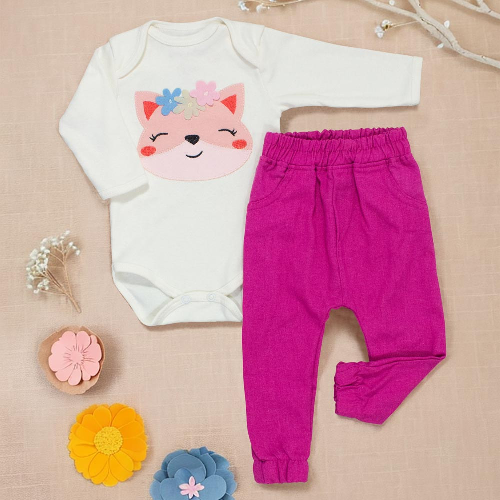 Conjunto de Bebê Body e Calça Raposa Charmosa Creme com Pink