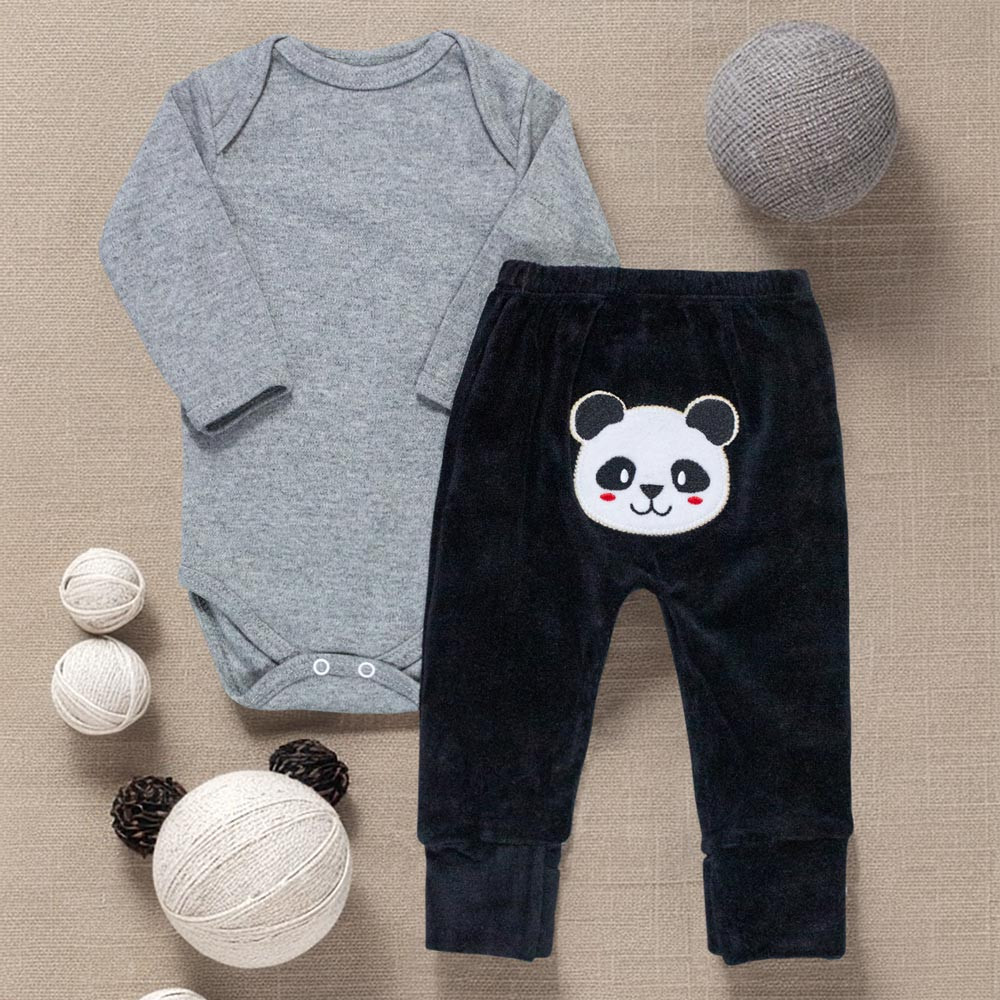 Conjunto Longo de Bebê em Suedine e Plush Mescla com Preto