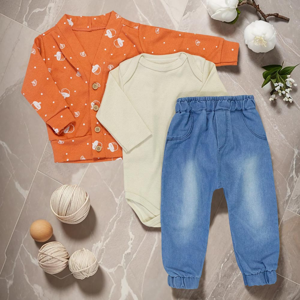 Conjunto para Bebês 3 pçs - Casaquinho Cardigan em Tom Cobre