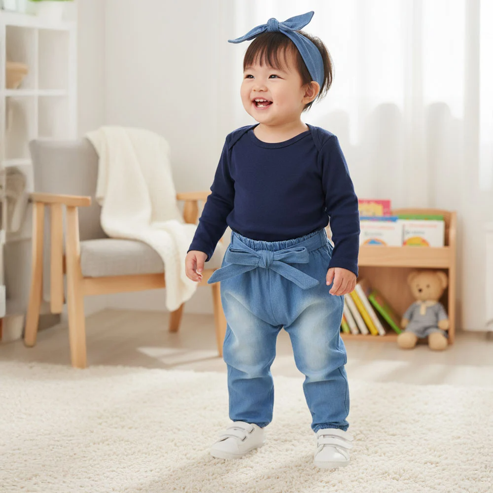Conjunto Para Bebê Body e Calça Jeans com Faixinha Marinho