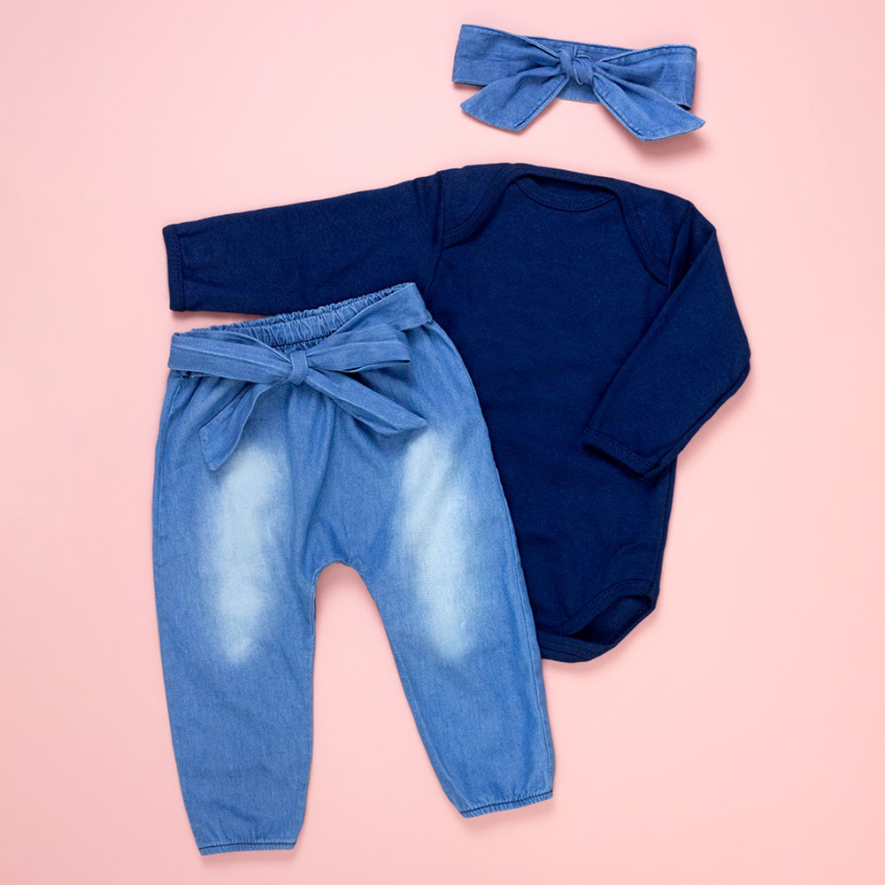 Conjunto Para Bebê Body e Calça Jeans com Faixinha Marinho