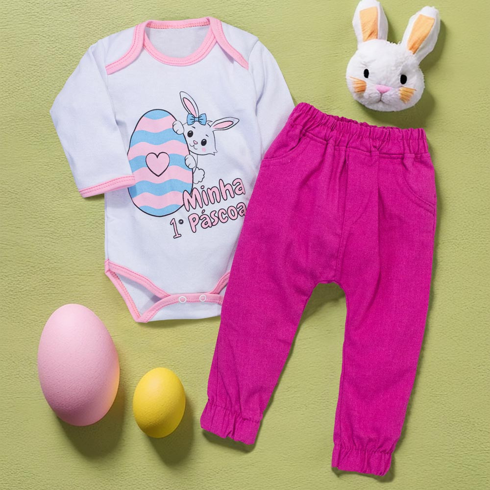 Conjunto de Bebê Longo com Tema de Páscoa em Tom de Rosa
