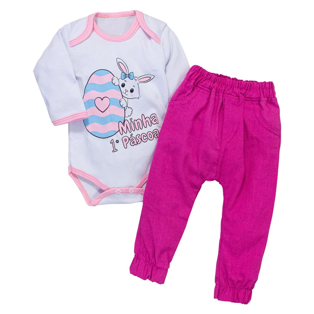 Conjunto de Bebê Longo com Tema de Páscoa em Tom de Rosa