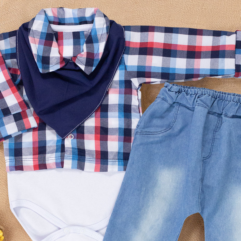 Conjunto 3 peças para Bebê Junino Xadrez Azul
