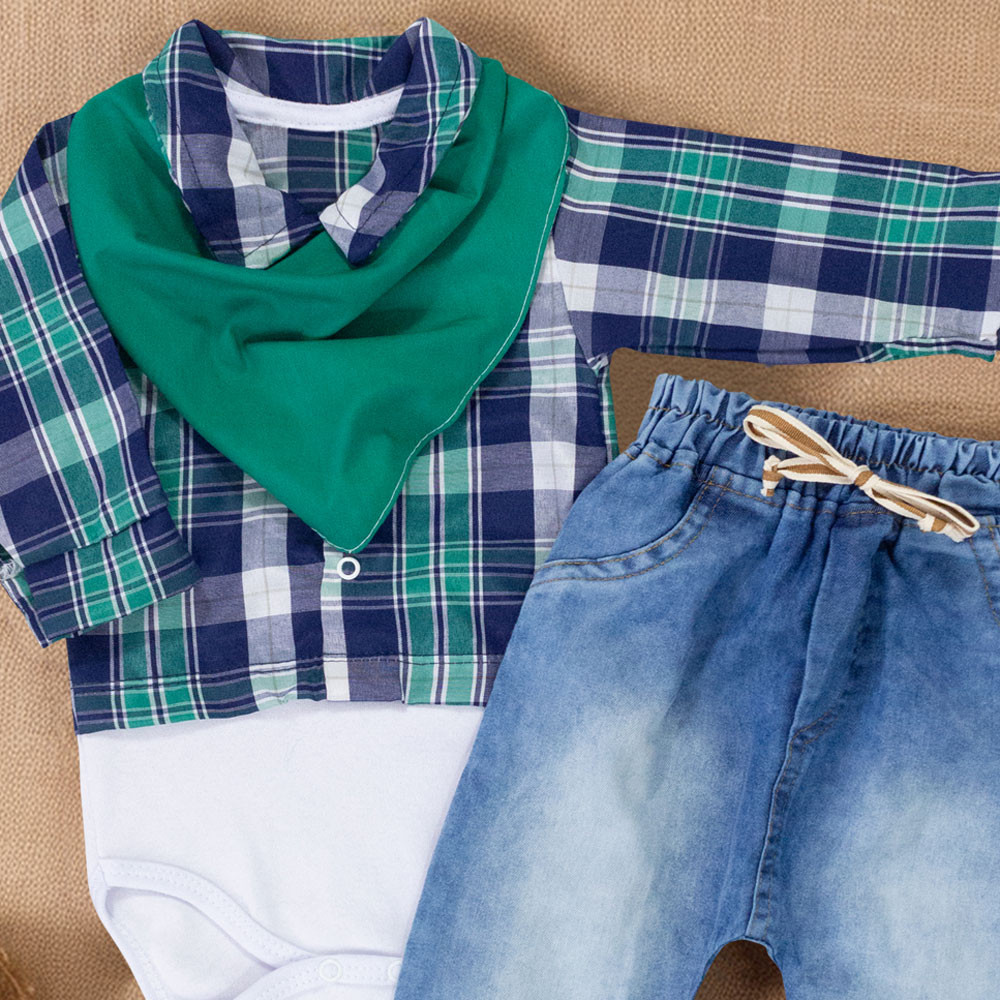 Conjunto Junino Xadrez para Bebê Verde para Bebês Meninos