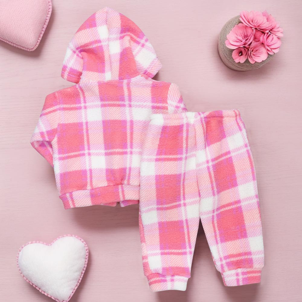 Conjunto para Bebê Menina com Casaquinho Sherpa Xadrez Rosa