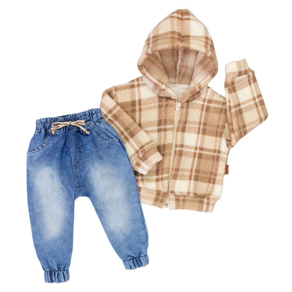 Conjunto para Bebê Xadrez Bege com Casaquinho e Calça