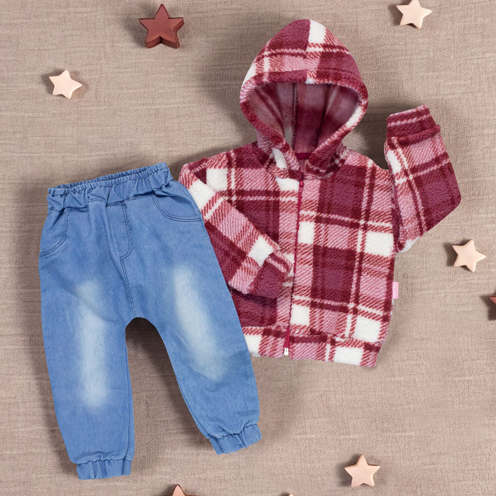 Conjunto de Bebê com Casaquinho Xadrez Marsala - Era Uma Vez