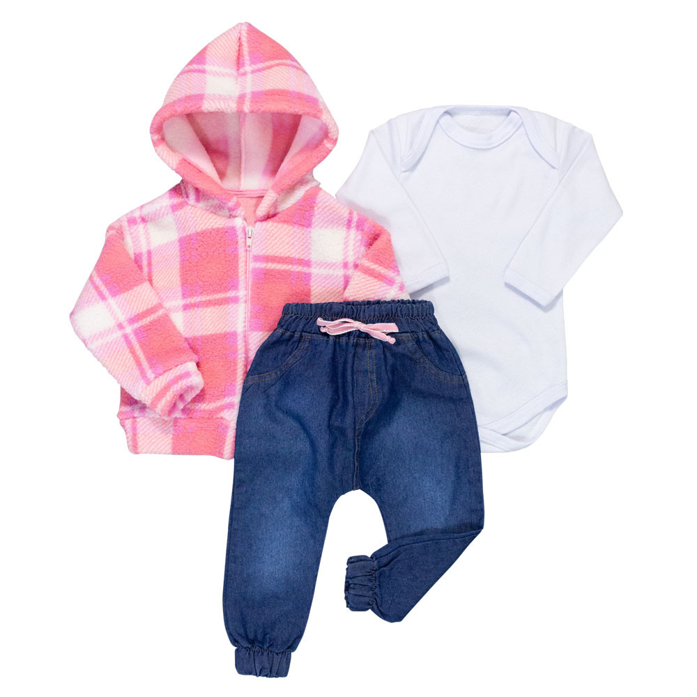 Conjunto Longo para Bebês Meninas 3 Peças Xadrez Rosa Claro