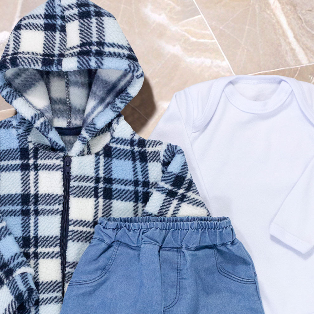 Conjunto de Bebê 3 Pçs com Casaquinho Pelúciado Xadrez Azul