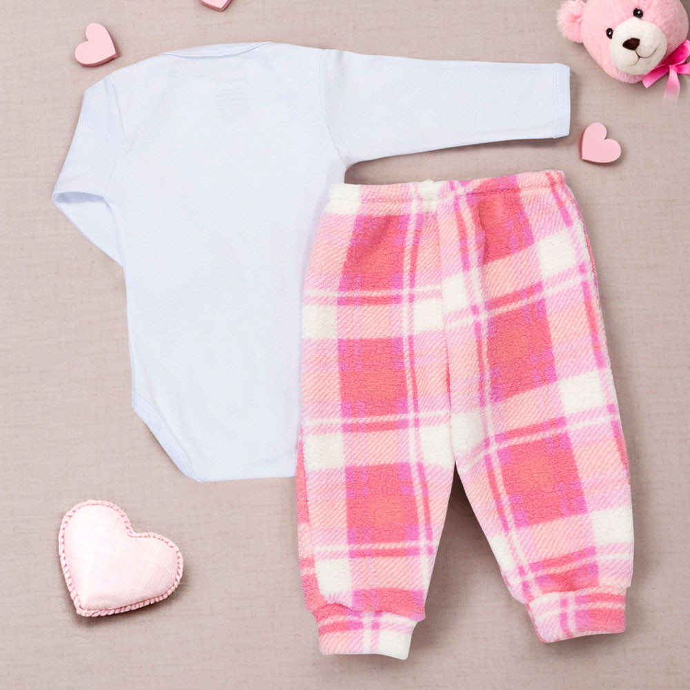 Conjunto Xadrez Rosa Claro para Bebês Meninas até 12 Meses