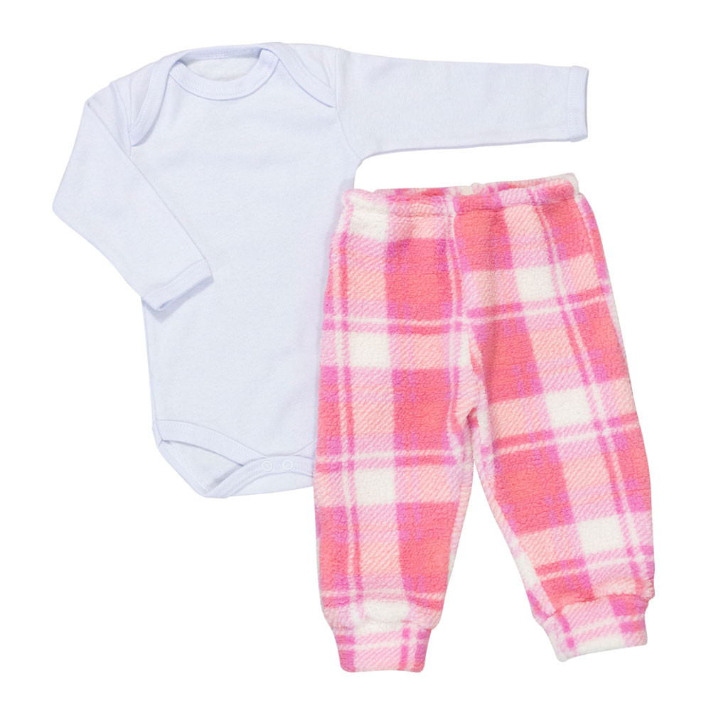 Conjunto Xadrez Rosa Claro para Bebês Meninas até 12 Meses
