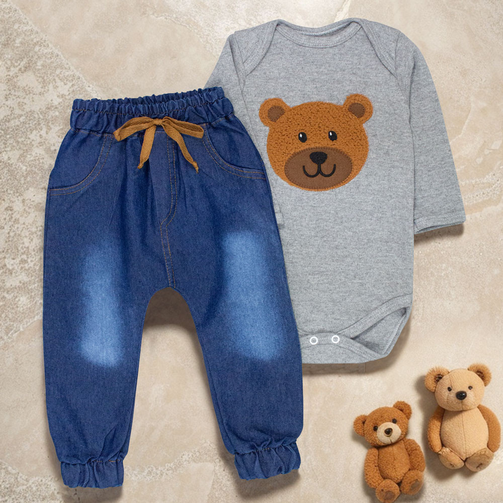 Conjunto para Bebê Urso Body Bordado Mescla e Calça Jeans