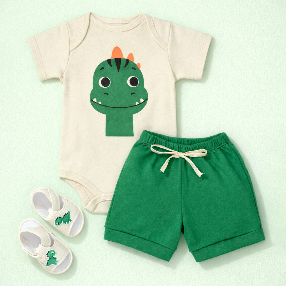 Look 3 pçs de Body, Shorts e Sandália Bichinho Dino Para Bebê Até 12 meses
