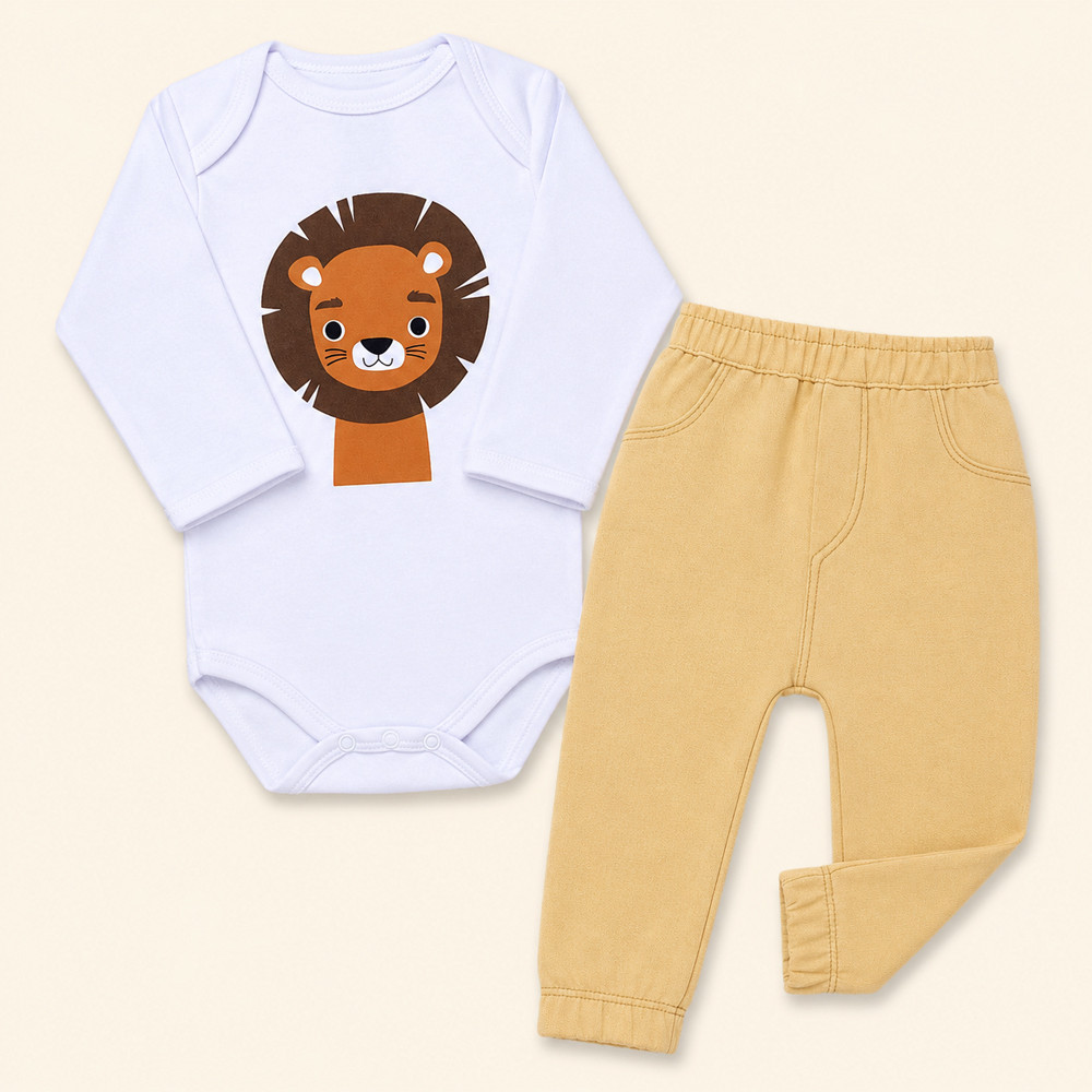 Conjunto Bebê Body Manga Longa Estampa Leão e Calça Jogger Ecolinho