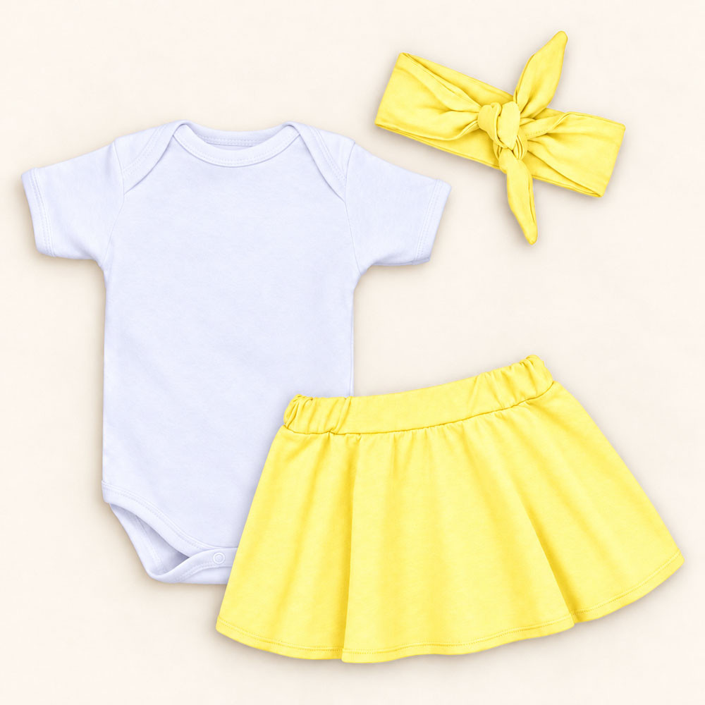 Conjunto 3 Peças Para Bebê Menina Body e Saia com Faixinha de Cabelo Amarelo de 0 a 12 Meses