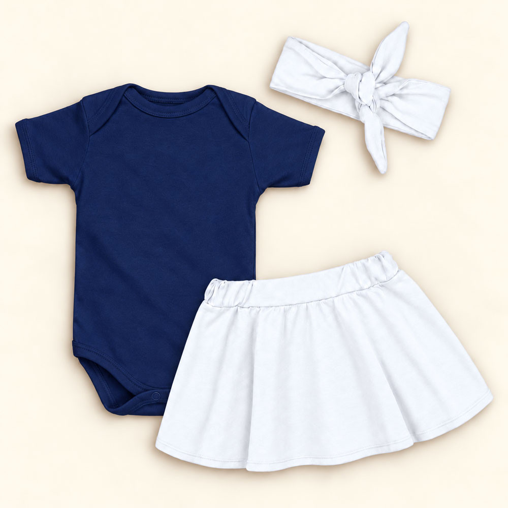 Conjunto 3 Peças Para Bebê Menina Body e Saia com Faixinha de Cabelo Branco de 0 a 12 Meses