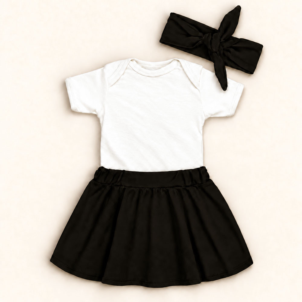 Conjunto 3 Peças Para Bebê Menina Body e Saia com Faixinha de Cabelo Preto de 0 a 12 Meses