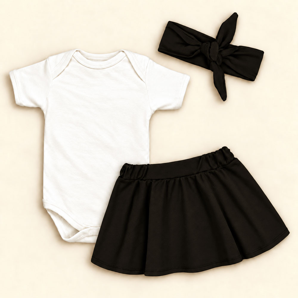 Conjunto 3 Peças Para Bebê Menina Body e Saia com Faixinha de Cabelo Preto de 0 a 12 Meses
