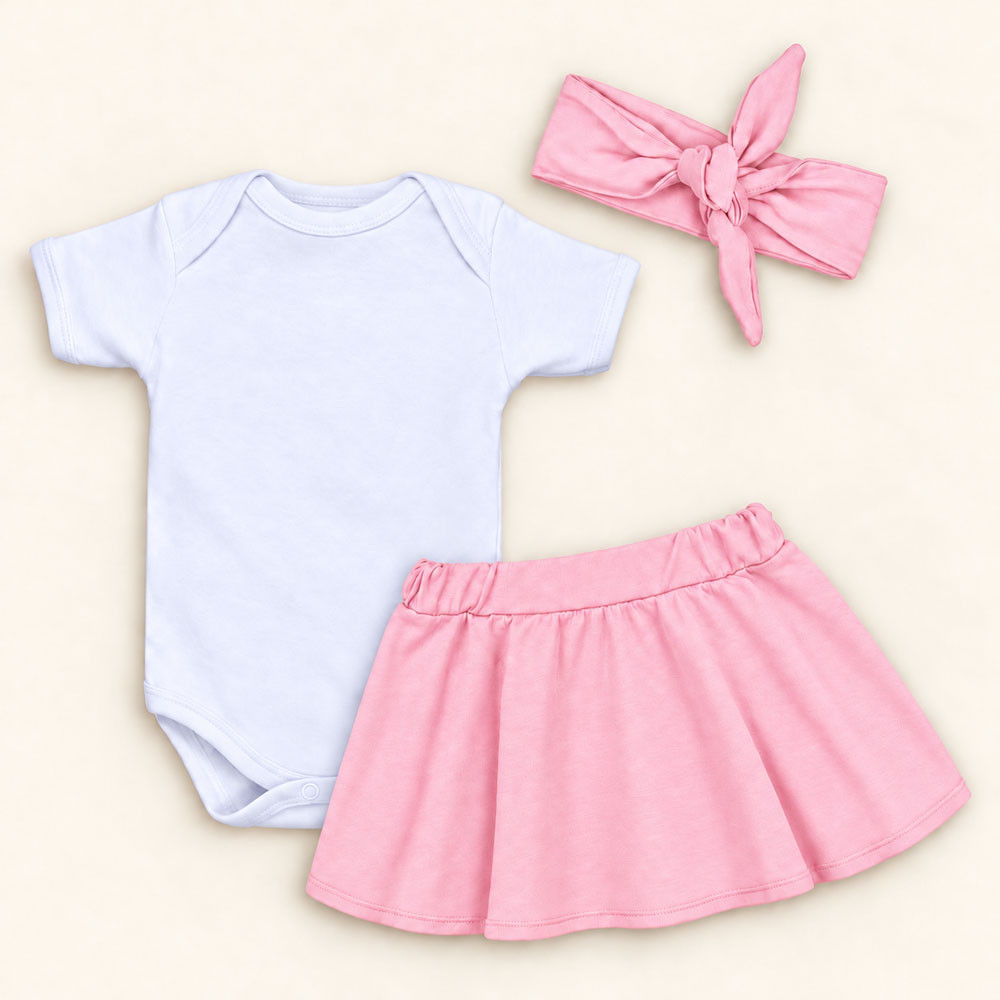 Conjunto 3 Peças Para Bebê Menina Body e Saia com Faixinha de Cabelo Rosa de 0 a 12 Meses