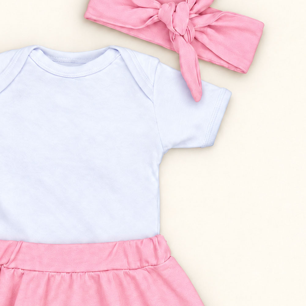 Conjunto 3 Peças Para Bebê Menina Body e Saia com Faixinha de Cabelo Rosa de 0 a 12 Meses