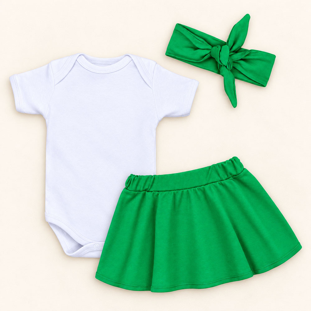Conjunto 3 Peças Para Bebê Menina Body e Saia com Faixinha de Cabelo Verde de 0 a 12 Meses