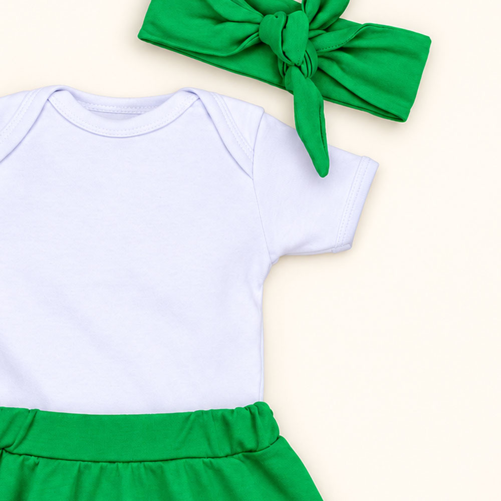 Conjunto 3 Peças Para Bebê Menina Body e Saia com Faixinha de Cabelo Verde de 0 a 12 Meses