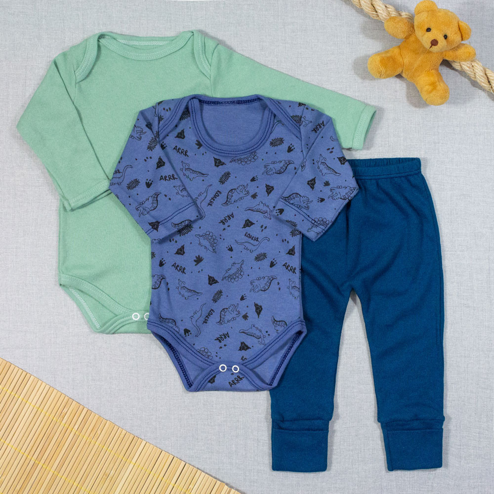 KIT BODY LONGO COM CALÇA PARA BEBÊ 3 PEÇAS DINOSSAURO