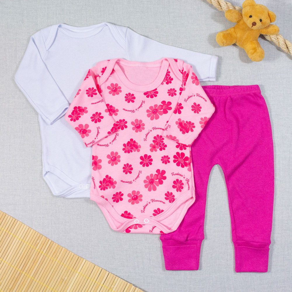 KIT BODY LONGO COM CALÇA PARA BEBÊ 3 PEÇAS FLORZINHAS