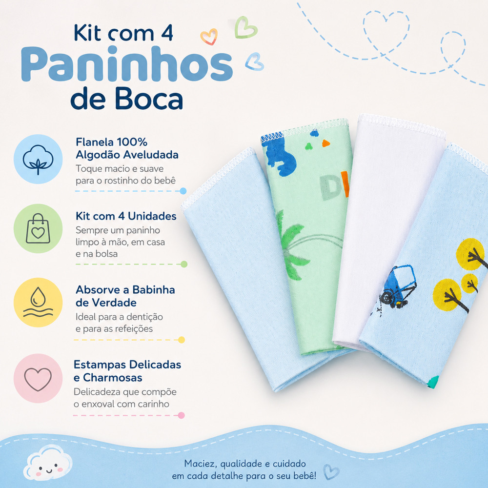 Kit 4 Panos de Boca Bebê Flanelados 22x22cm Algodão Hipoalergênico Estampadinho Neutro