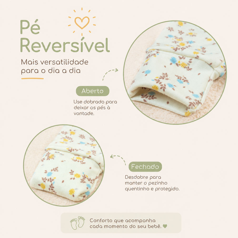 Calça Bebê Com Pé Reversível Tecido Macelin Estampado Flores Creme Até 12 Meses