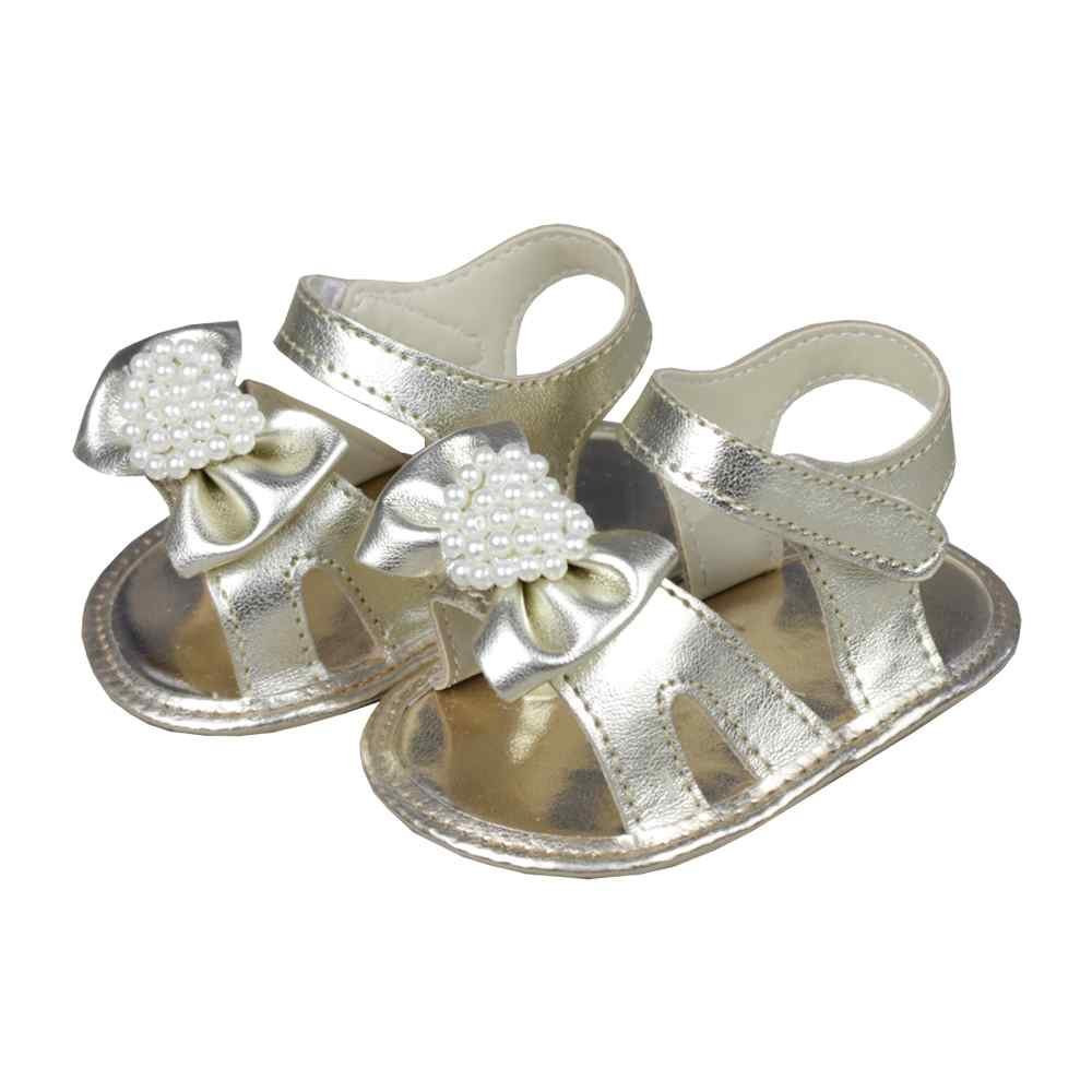 SANDÁLIA PARA BEBÊ COM VELCRO E LACHINHO E PÉROLAS DOURADO