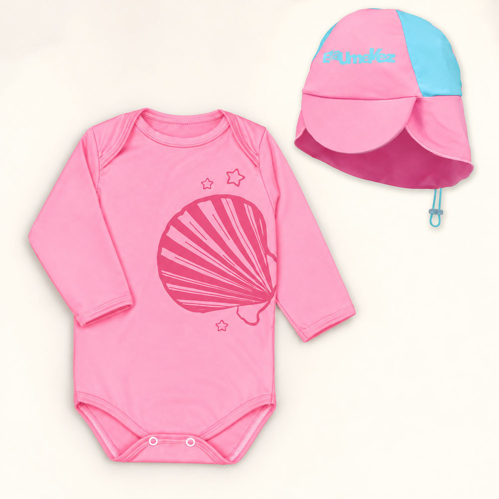Conjunto Bebê Com Proteção Solar Body Uv50+ E Boné Rosa Claro Concha de 3 Meses a 1 Ano