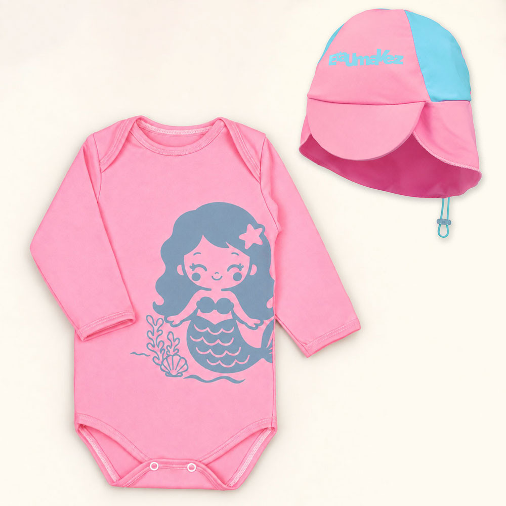 Conjunto Bebê Com Proteção Solar Body Uv50+ E Boné Rosa Claro Sereia de 3 Meses a 1 Ano