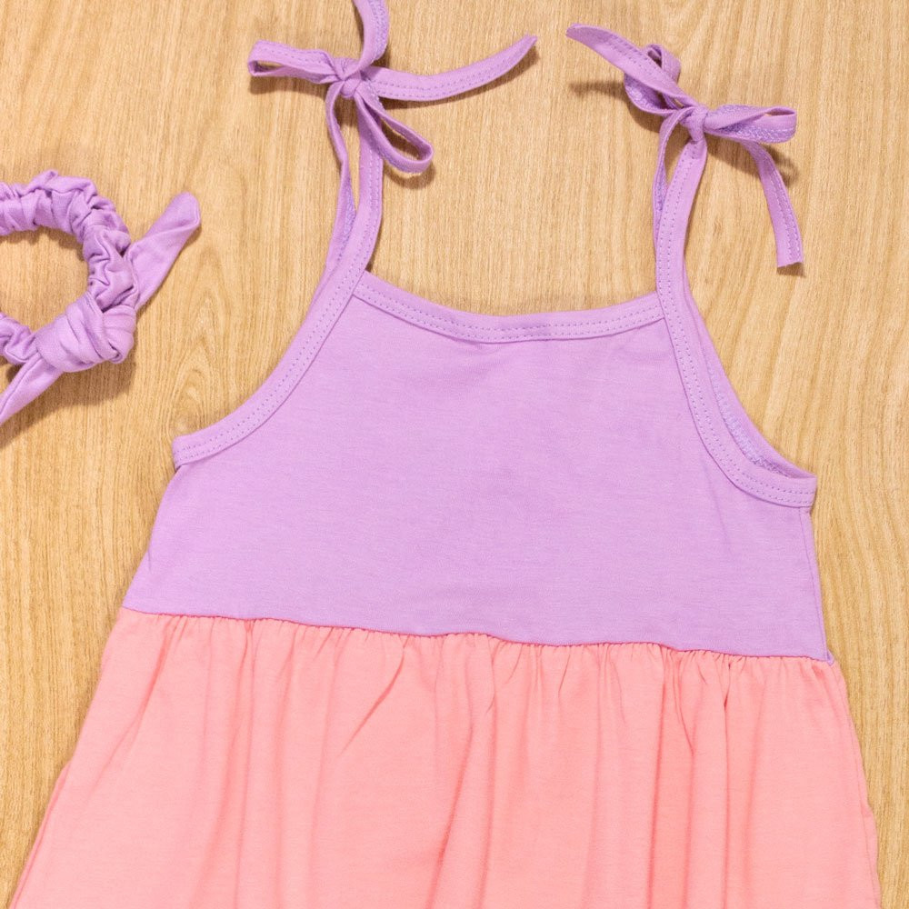 VESTIDO INFANTIL 4 AO 8 TRICOLOR E POMPOM DE CABELO LILÁS