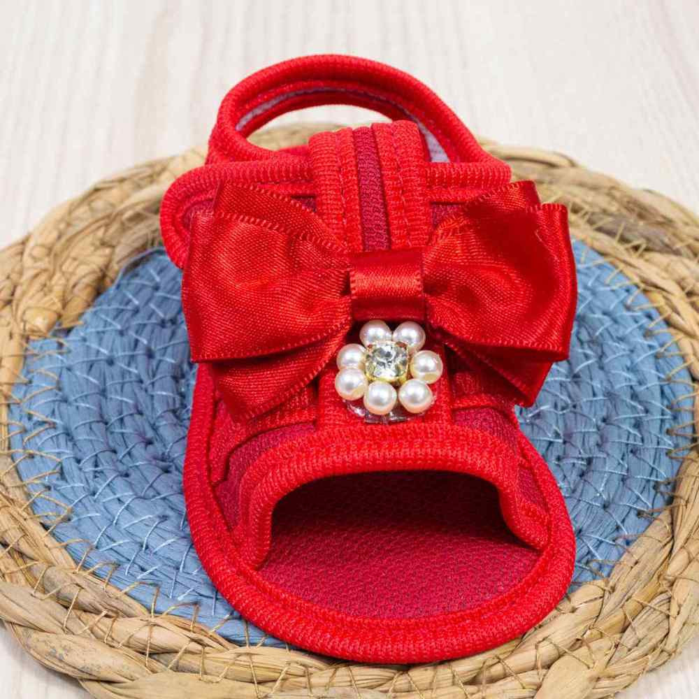 SANDÁLIA COM VELCRO PARA BEBÊ MENINA LAÇO VERMELHO