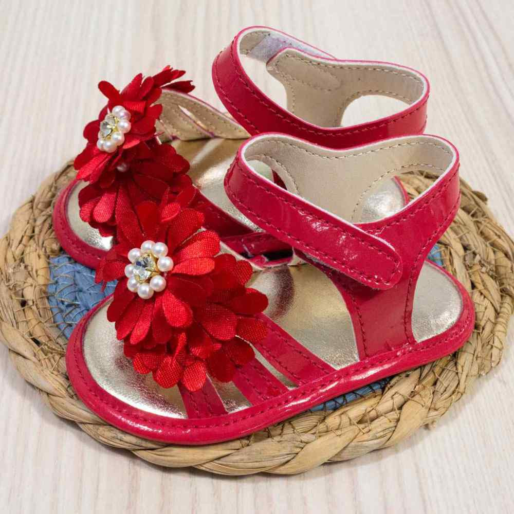 SANDÁLIA COM VELCRO PARA BEBÊ MENINA APLIQUE FLOR PÉROLA VERMELHO