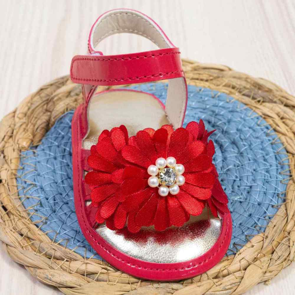 SANDÁLIA COM VELCRO PARA BEBÊ MENINA APLIQUE FLOR PÉROLA VERMELHO