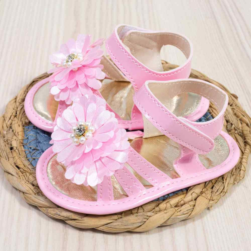 SANDÁLIA COM VELCRO PARA BEBÊ MENINA APLIQUE FLOR PÉROLA ROSA CLARO
