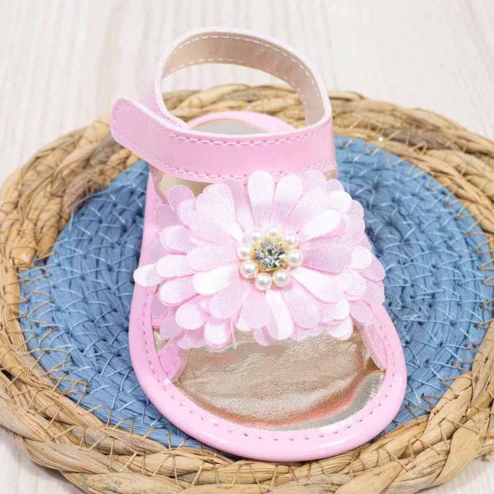 SANDÁLIA COM VELCRO PARA BEBÊ MENINA APLIQUE FLOR PÉROLA ROSA CLARO