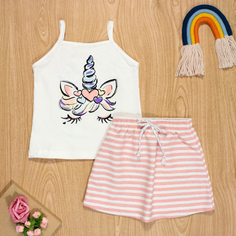 Conjunto Infantil 4 ao 8 Blusa e Saia Unicórnio Eco Creme