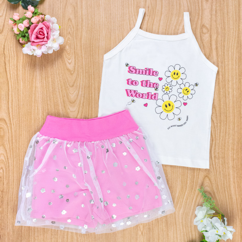 Conjunto Infantil Saia Tule Creme Florzinhas - Para Meninas