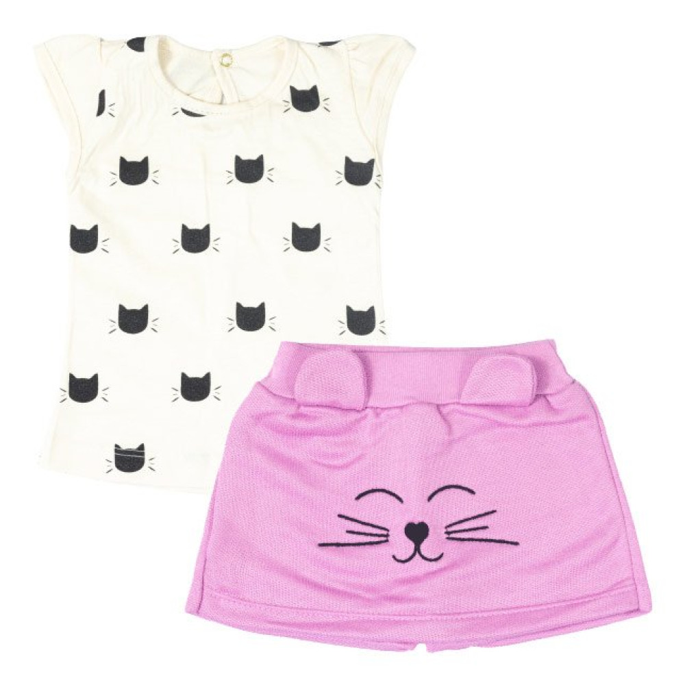 CONJUNTO CURTO BLUSA E SHORTS SAIA PARA BEBÊ ESTAMPADO GATINHA CREME