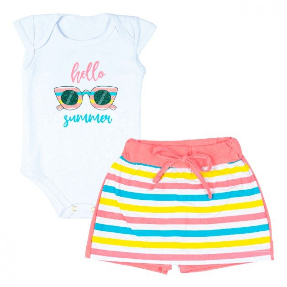 CONJUNTO CURTO BODY E SHORTS SAIA PARA BEBÊ ESTAMPADO SUMMER BRANCO