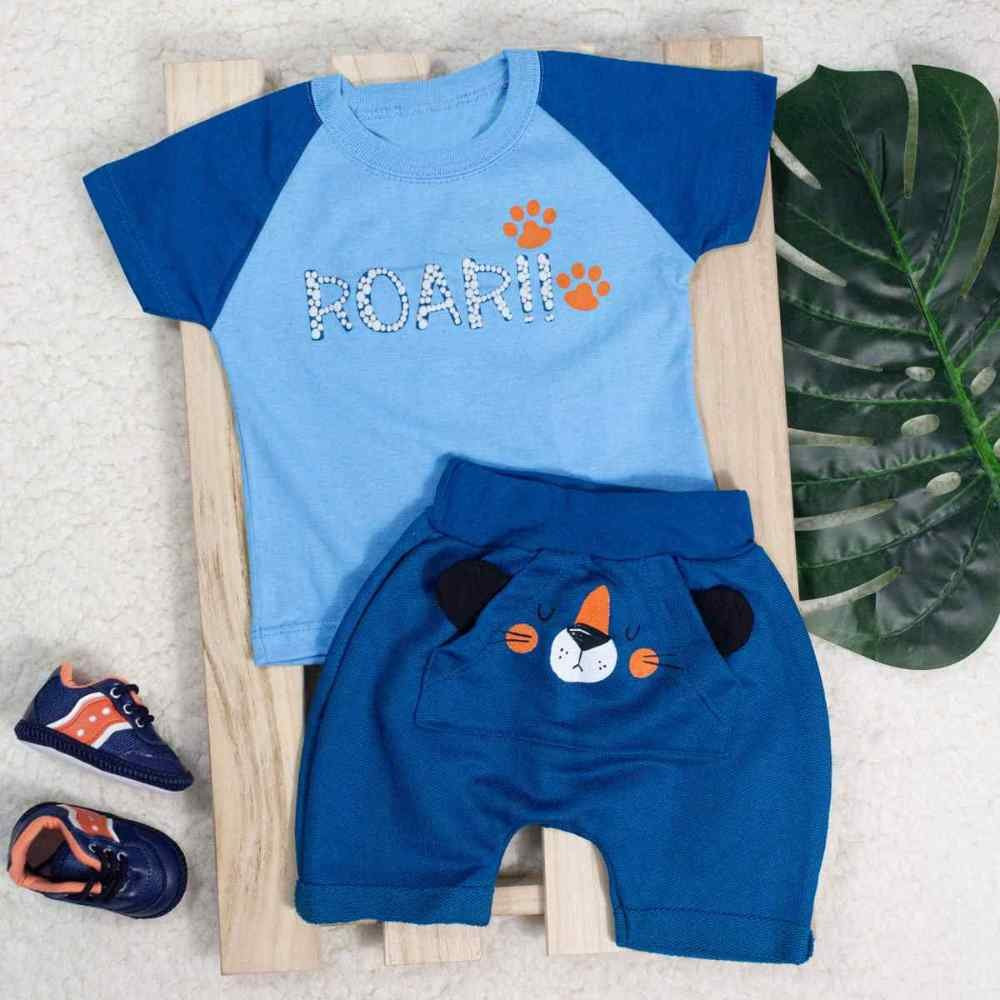CONJUNTO CURTO CAMISETA E BERMUDA PARA BEBÊ ESTAMPADO ROAR AZUL